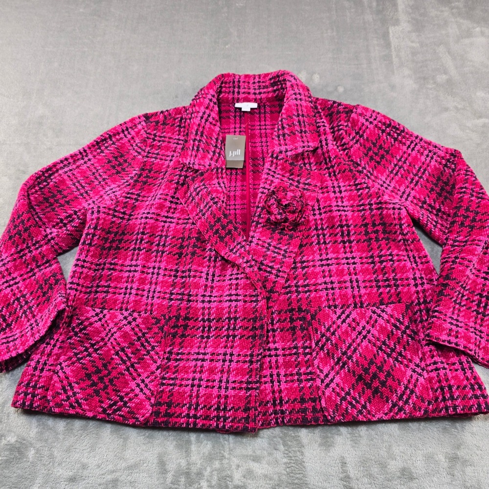 J.Jill Chenille Tweed Blazer Women L Pink Black Plaid Rosette Jacket Open Front
